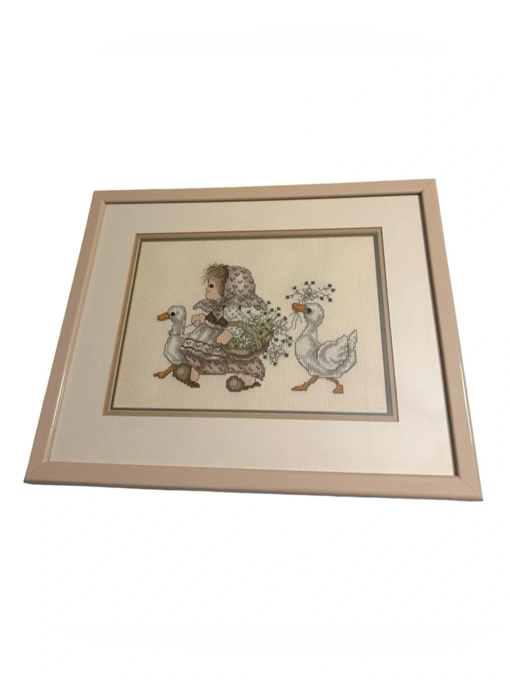 Vintage Cottagecore Goose Cross Stitch Framed Wall Art Grandmillenial Prairie